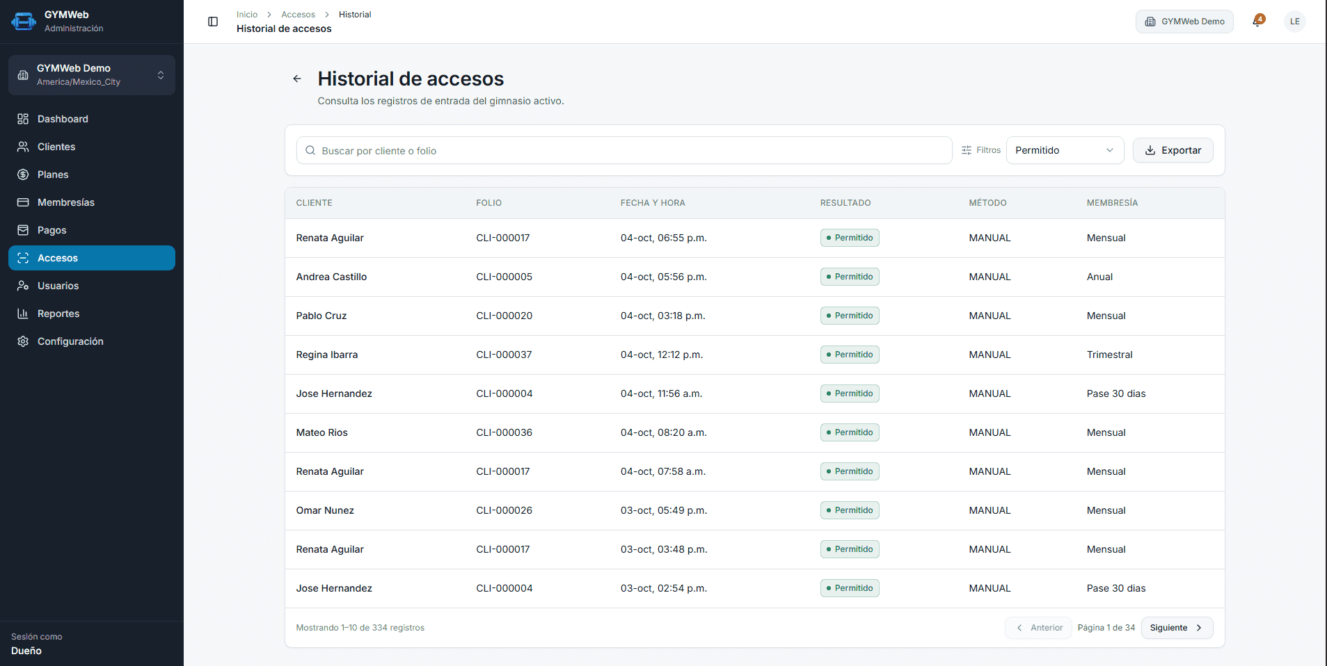 Historial de accesos en GYMWeb con fecha, método y membresía